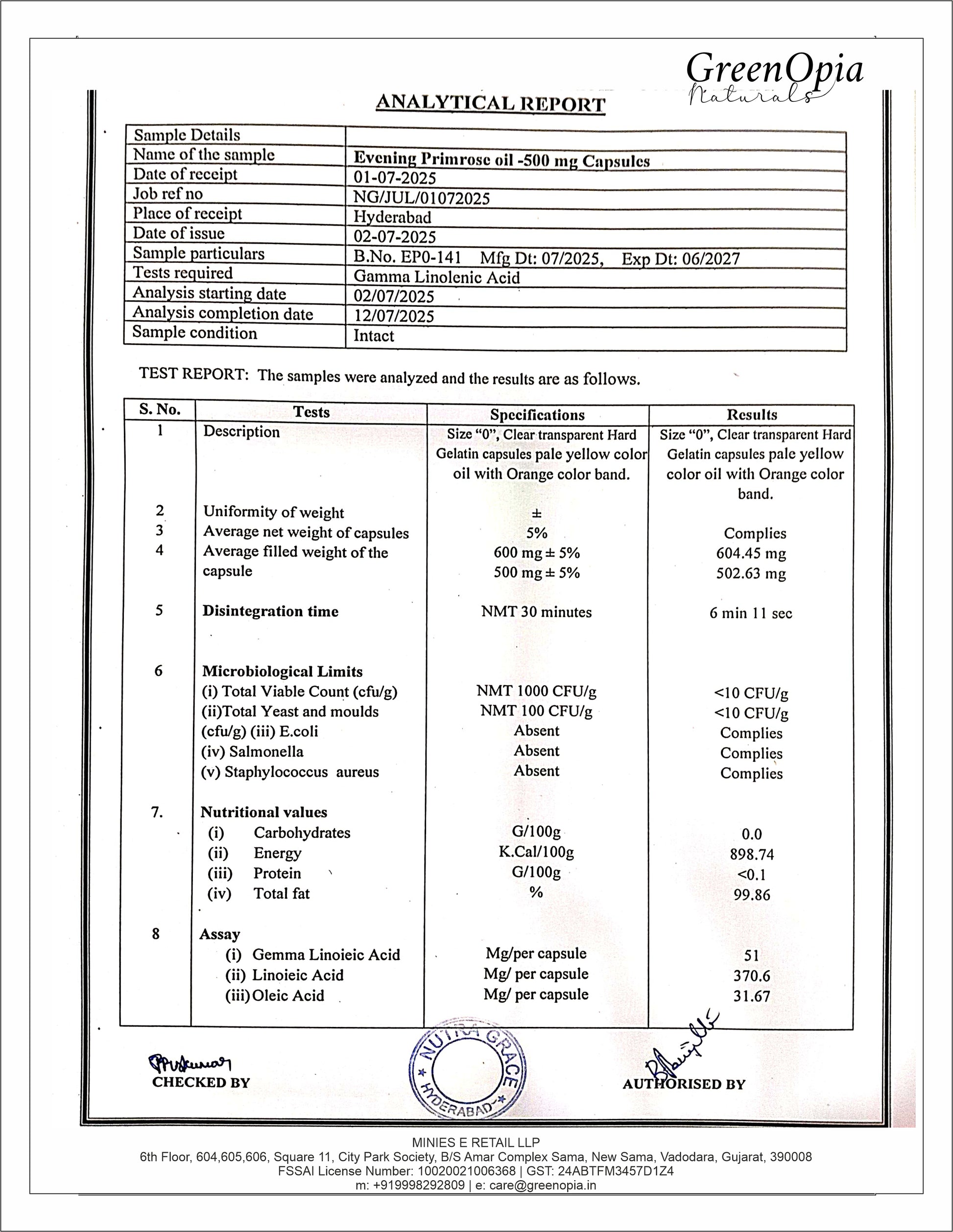 Certificate of Analysis for GreenOpia Evening Primrose Oil Capsules