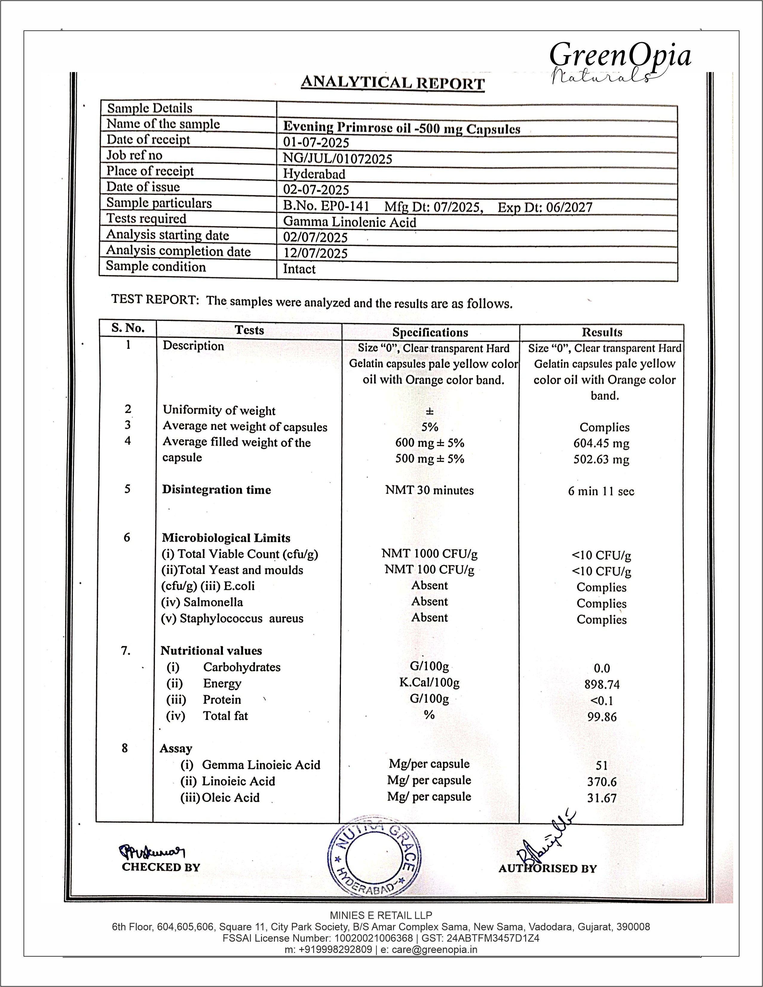 Certificate of Analysis for GreenOpia Evening Primrose Oil Capsules