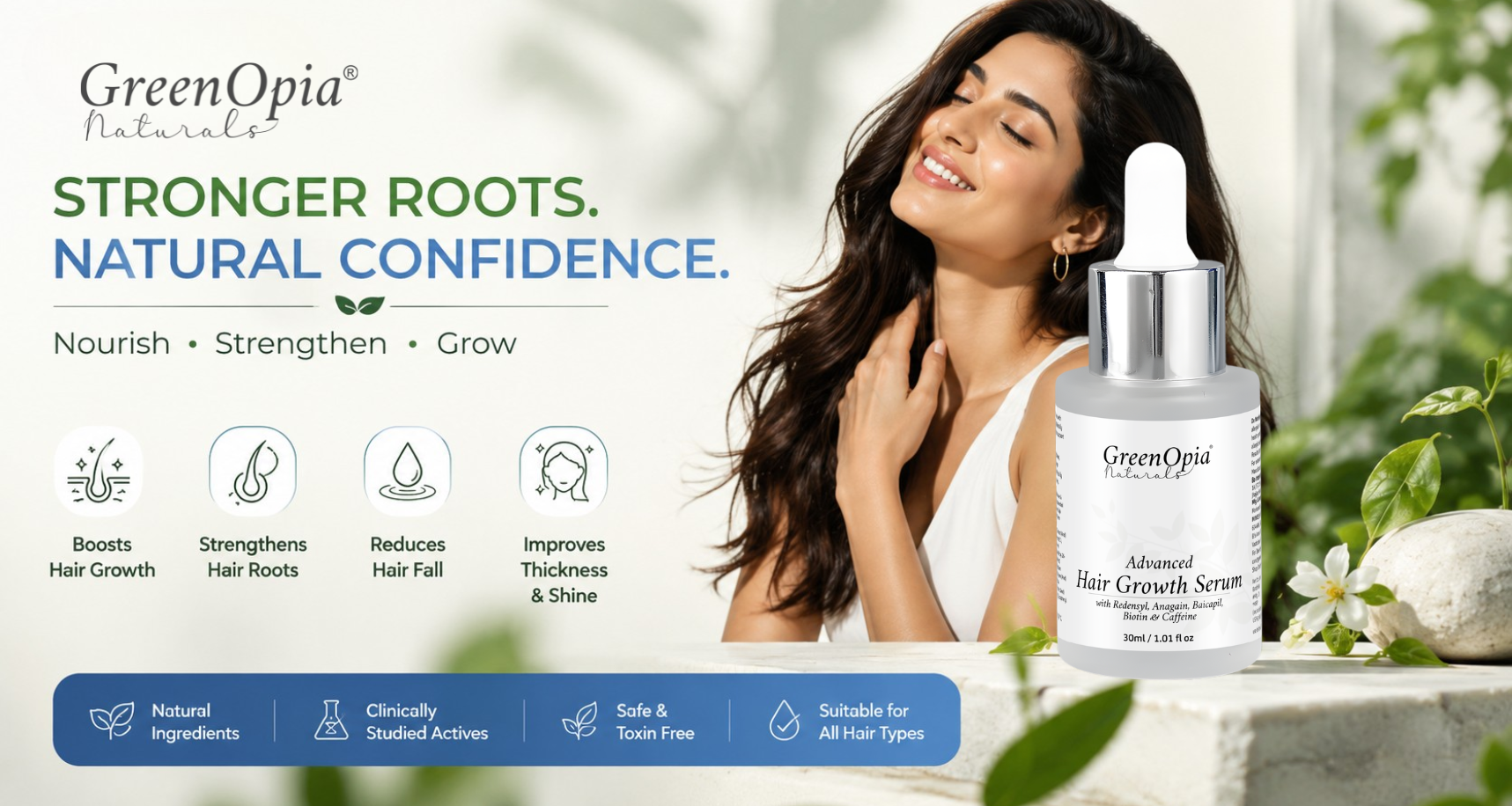 GreenOpia Advanced Hair Growth Serum with Redensyl, Anagain, Baicapil, Biotin and Caffeine for stronger-looking roots and fuller-looking hair.