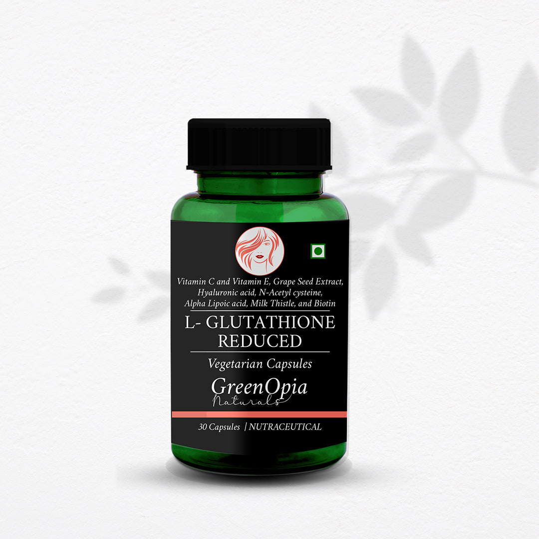 L Glutathione Capsules Spilled Next to Greenopia Bottle – Antioxidant Supplement