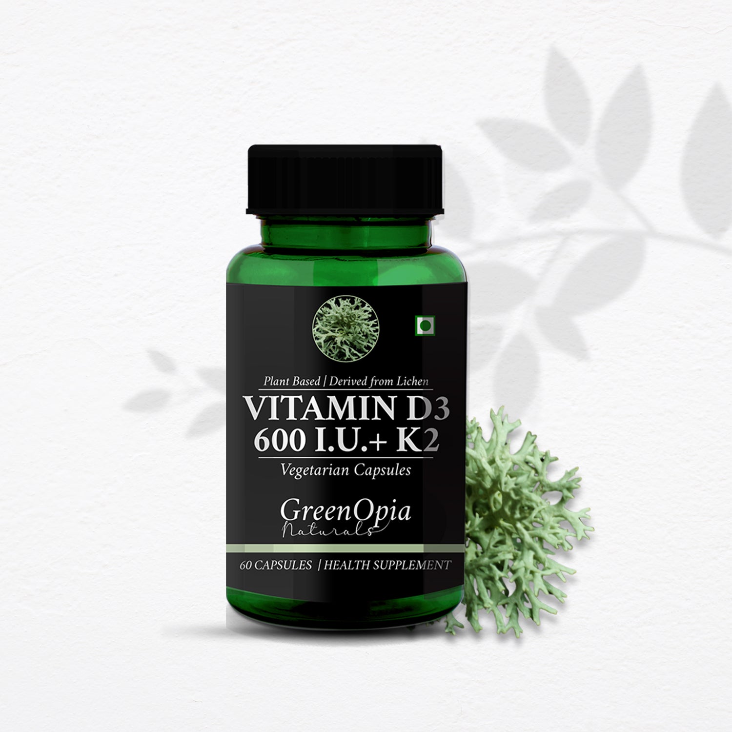 GreenOpia Plant-Based Vitamin D3 + K2 60 Liquid Filled Vegetarian Capsules
