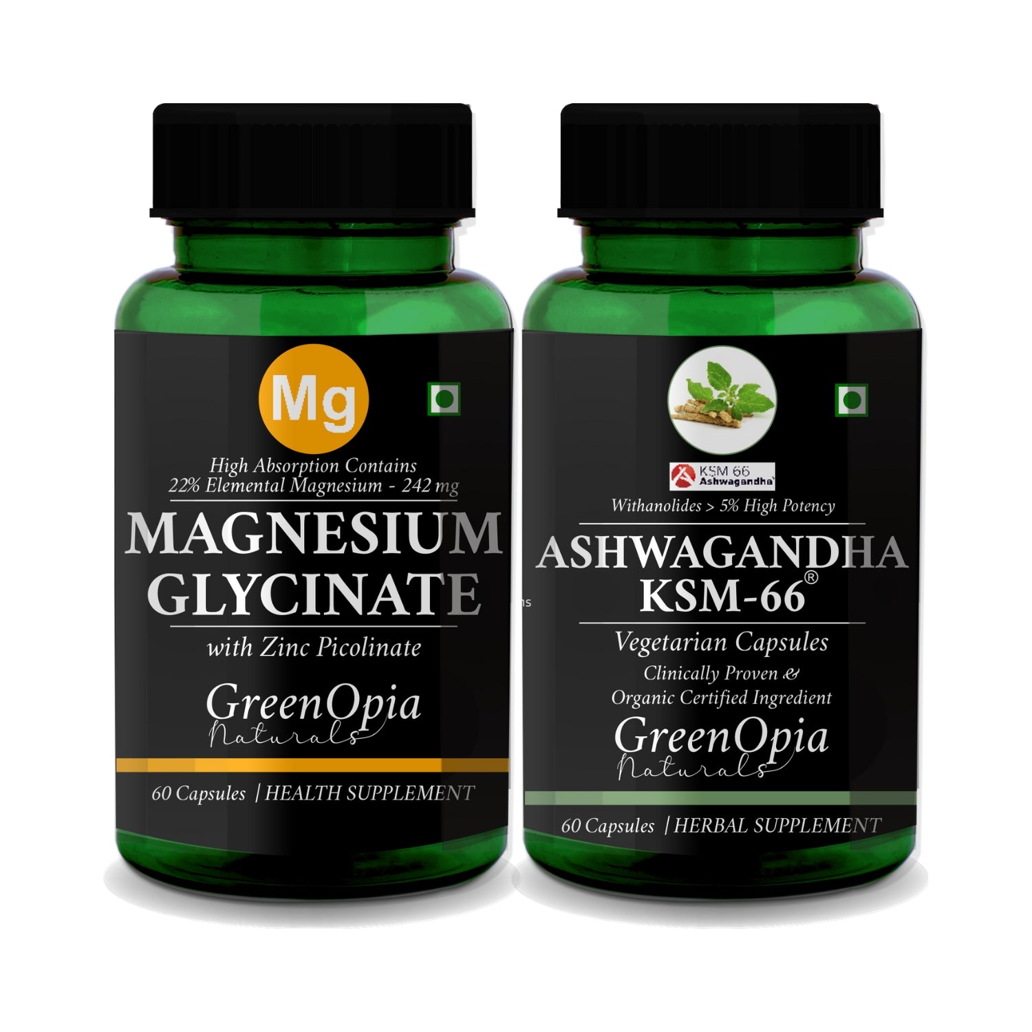 Greenopia Magnesium Glycinate, Zinc Ksm66 Ashwagandha Capsules Combo
