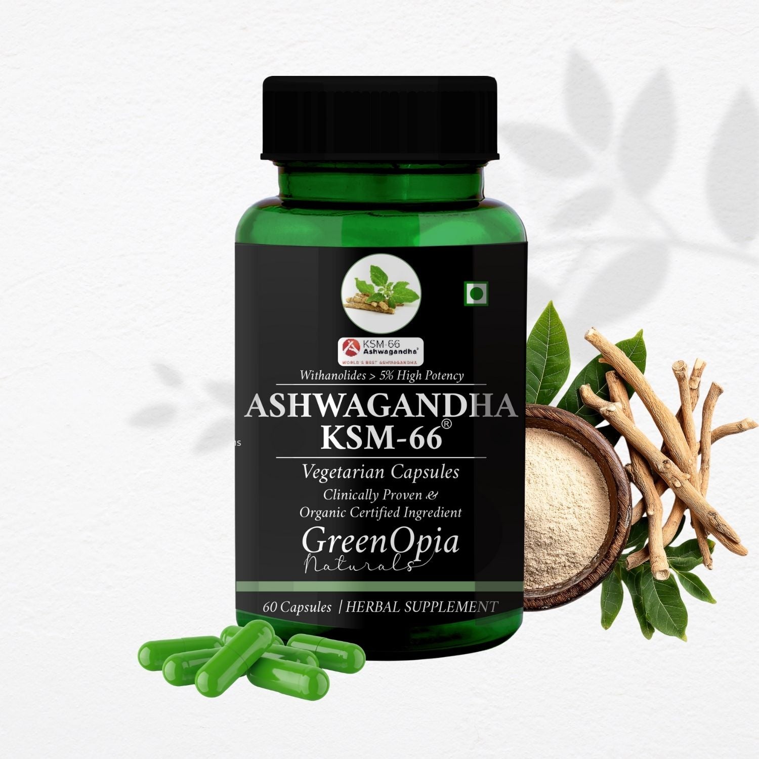 GreenOpia Ashwagandha KSM-66 60 Vegetarian Capsules