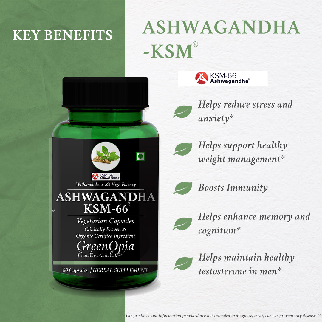Greenopia Magnesium Glycinate, Zinc & Ksm66 Ashwagandha Capsules Combo
