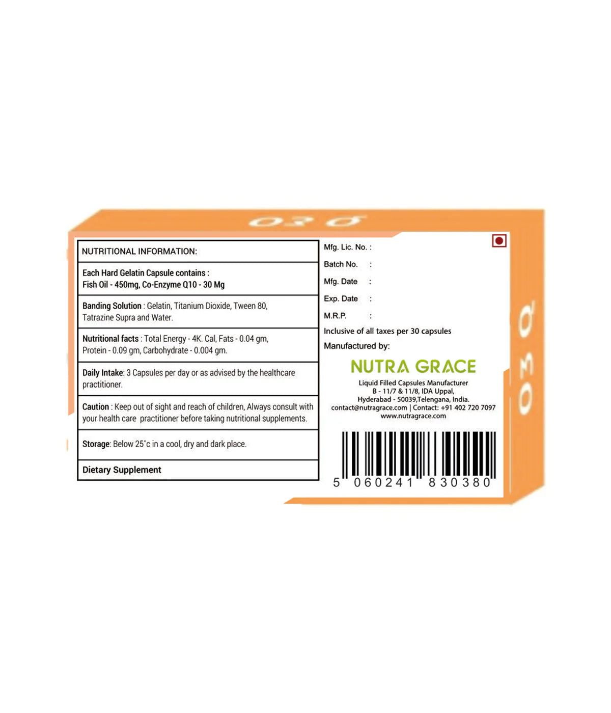 Nutra Grace O3Q Fish Oil with CoQ10 Supplement | 30 Capsules