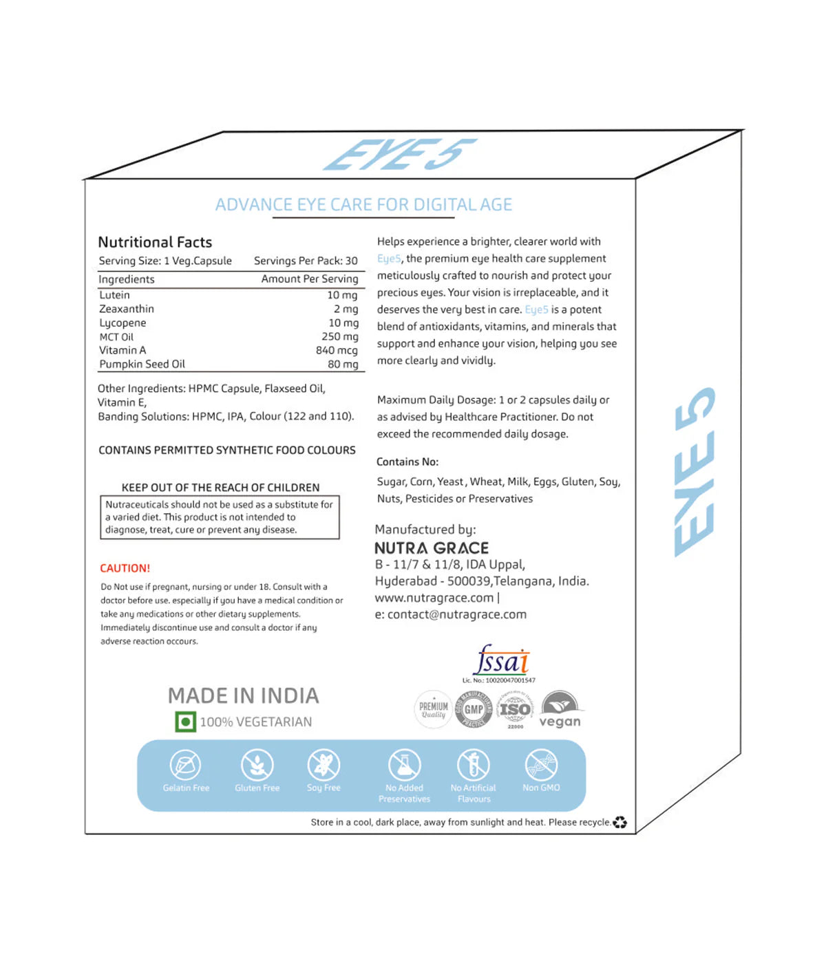 Nutra Grace Eye-5 Health Supplement with Bilberry, Zeaxanthin | 30 Veg. Capsules