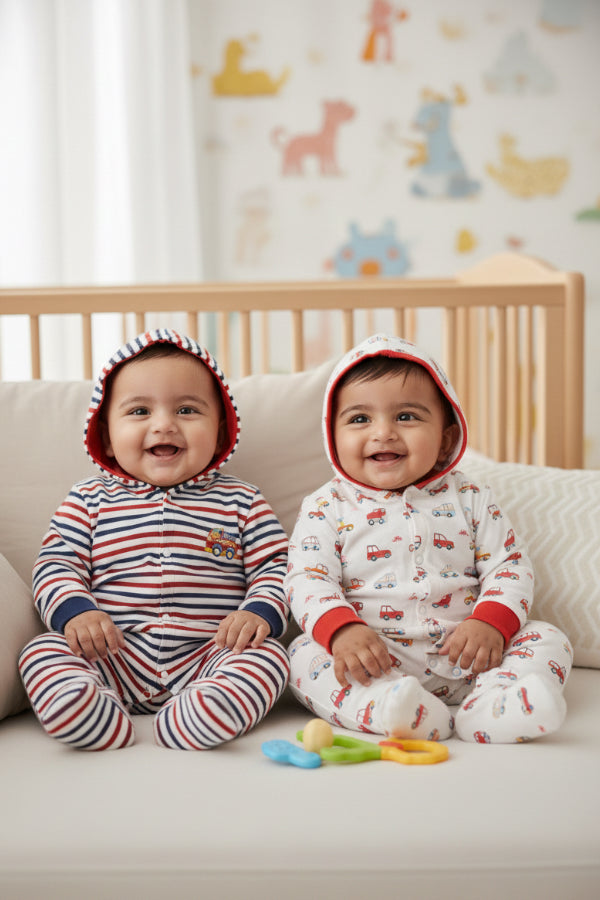 Newborn Baby Full Sleeves 100% Cotton Hooded Rompers – Unisex (Pack of 2)