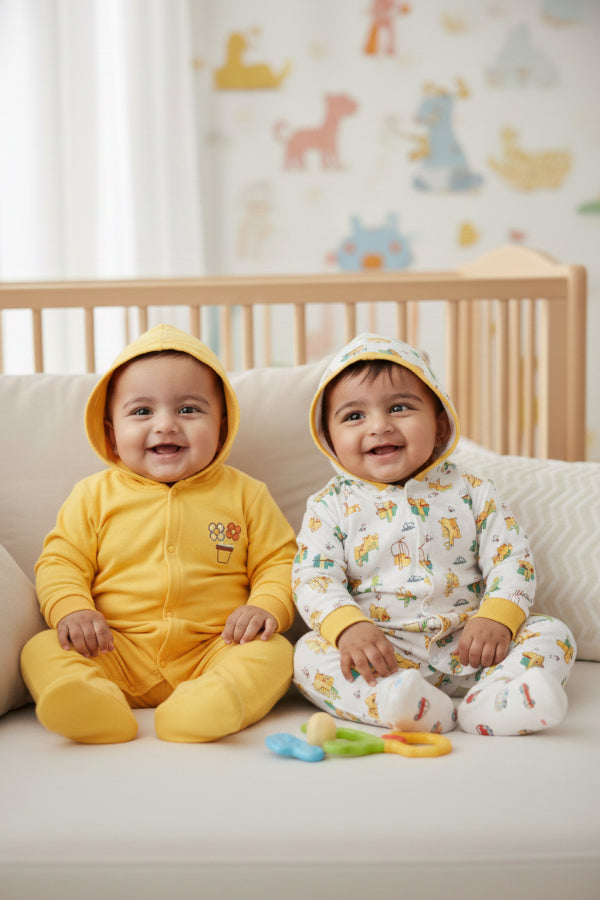 Newborn Baby Full Sleeves 100% Cotton Hooded Rompers – Unisex (Pack of 2)