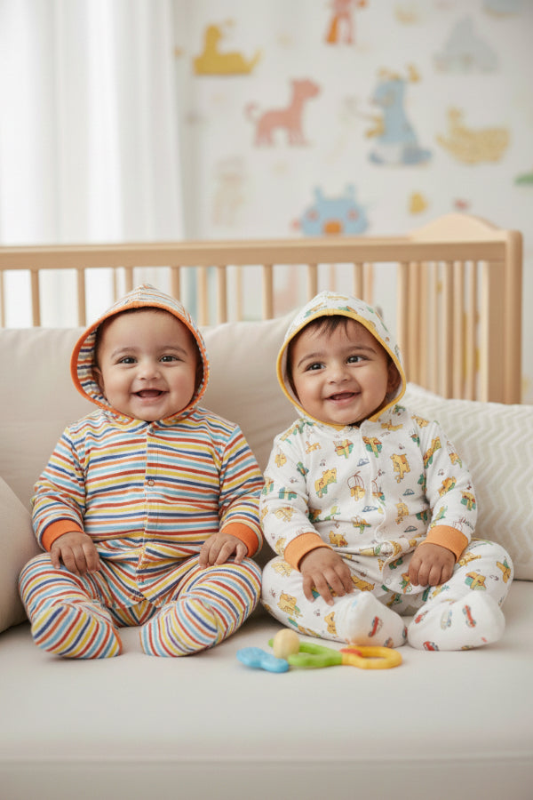 Newborn Baby Full Sleeves 100% Cotton Hooded Rompers – Unisex (Pack of 2)