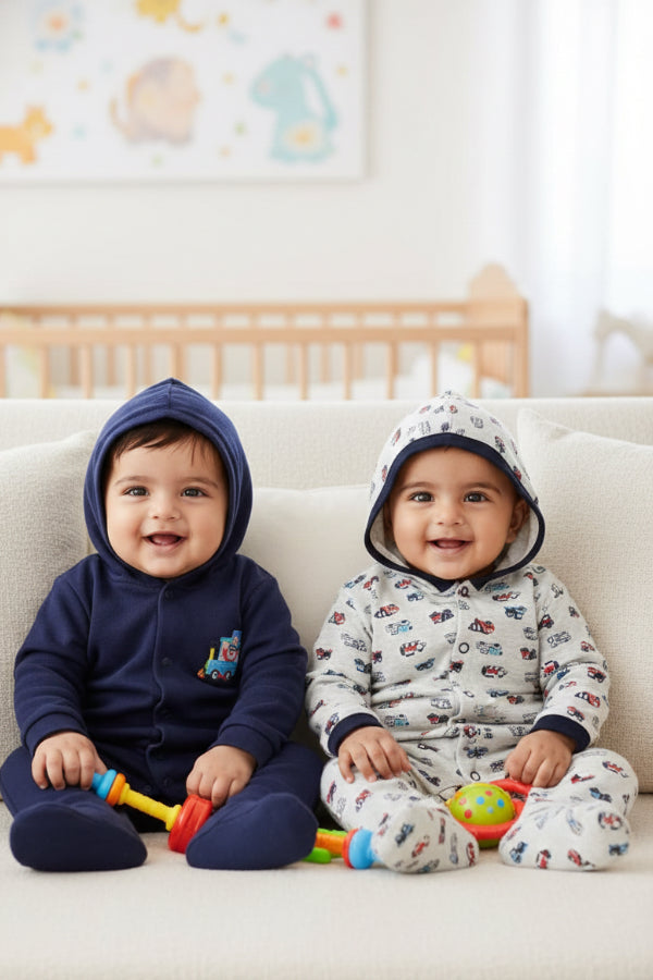 Newborn Baby Full Sleeves 100% Cotton Hooded Rompers – Unisex (Pack of 2)