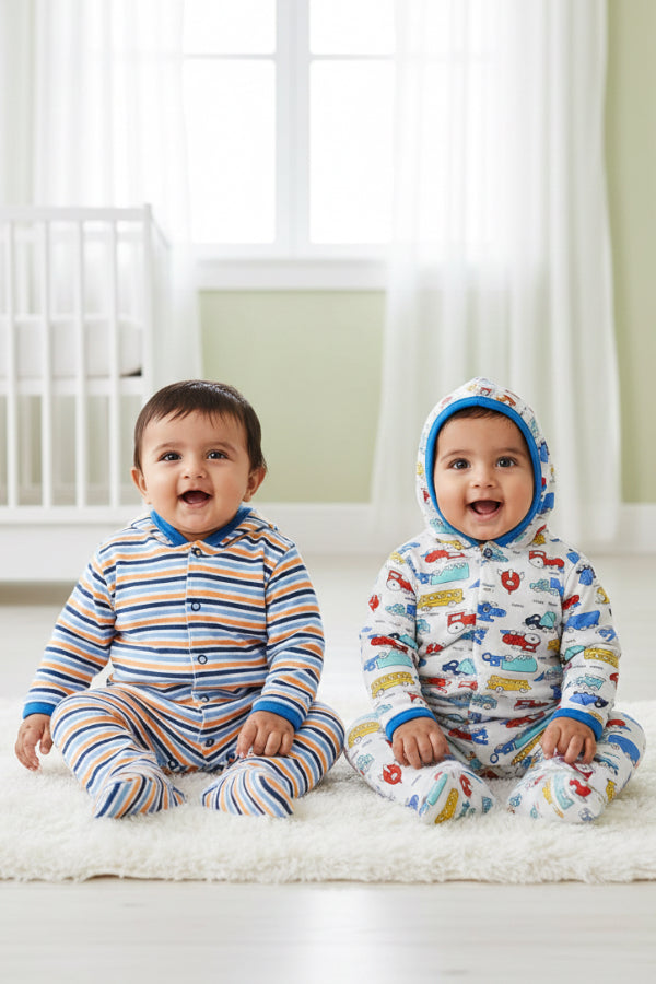 Newborn Baby Full Sleeves 100% Cotton Hooded Rompers – Unisex (Pack of 2)