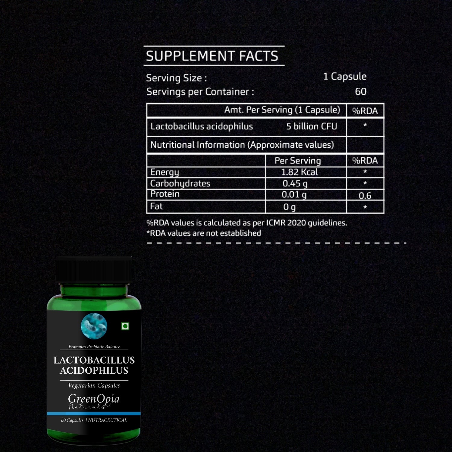 GreenOpia Lactobacillus Acidophilus 60 Vegetarian Capsules