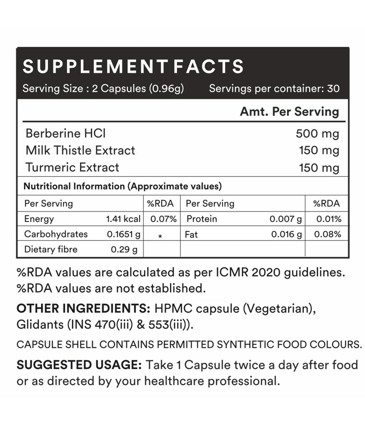 Nutra Grace Berberine Supplement with HCl 500mg, Milk Thistle, Turmeric | 60 Veg. Capsules