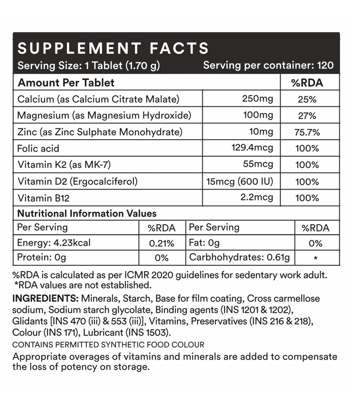 Nutra Grace Calcium Magnesium Zinc Vitamin D2 K2 Tablets | 120 tablets