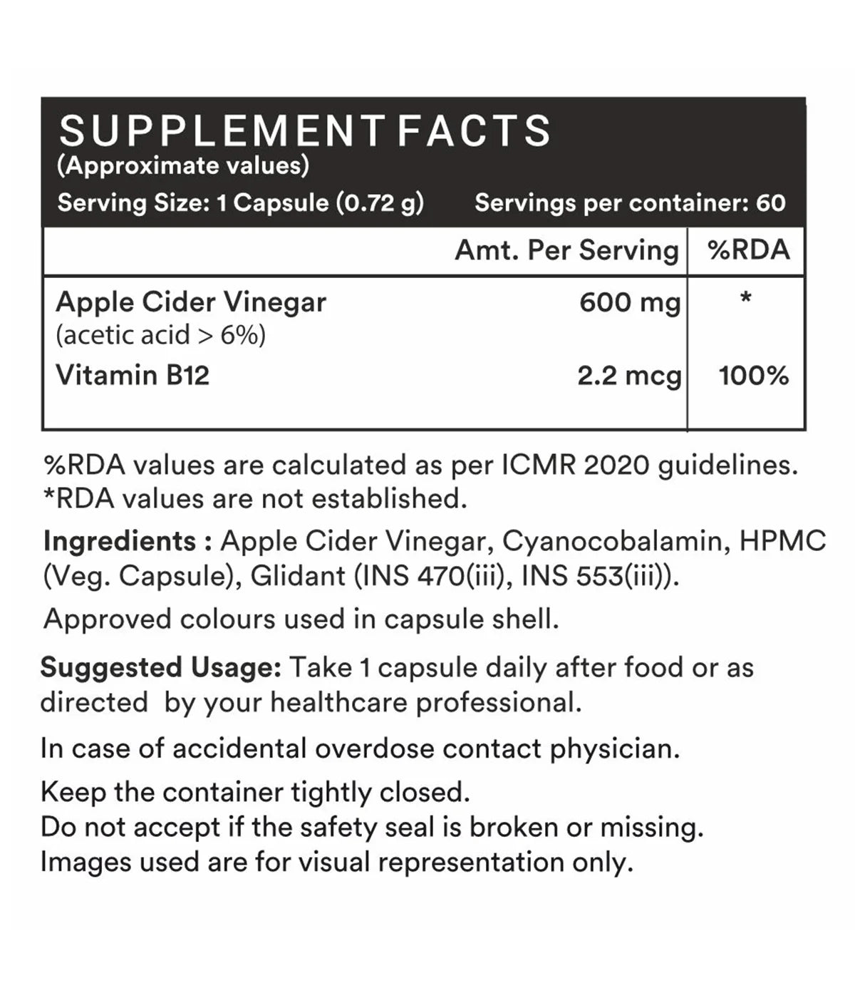 Nutra Grace Apple Cider Vinegar Supplement, 500mg - 60 Vegetarian Capsules