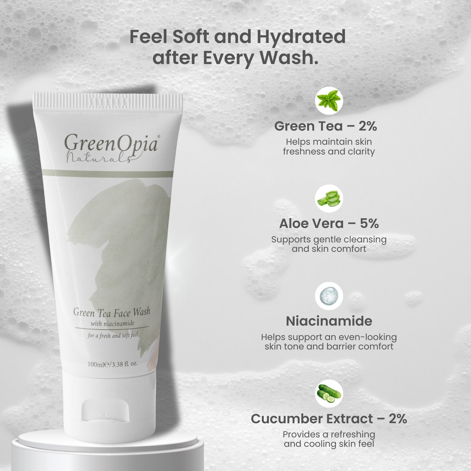 GreenOpia Green Tea & Niacinamide Face Wash | Gentle Sulphate-Free Cleanser with Aloe Vera, Cucumber & Herbal Extracts | Daily Cleanse for Fresh, Clear Skin