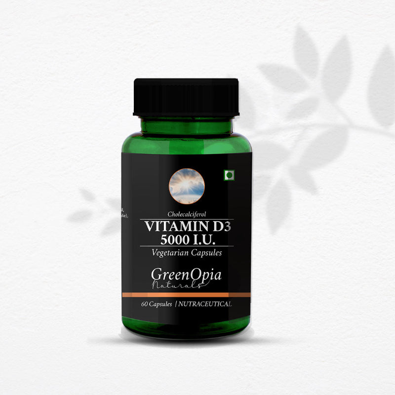 GreenOpia Vitamin D3 5000 IU capsules bottle with 60 vegetarian liquid-filled capsules