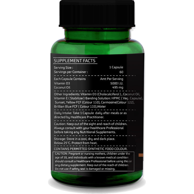 Vitamin D3 5000 IU vegetarian capsules for calcium absorption, bone strength, and immunity