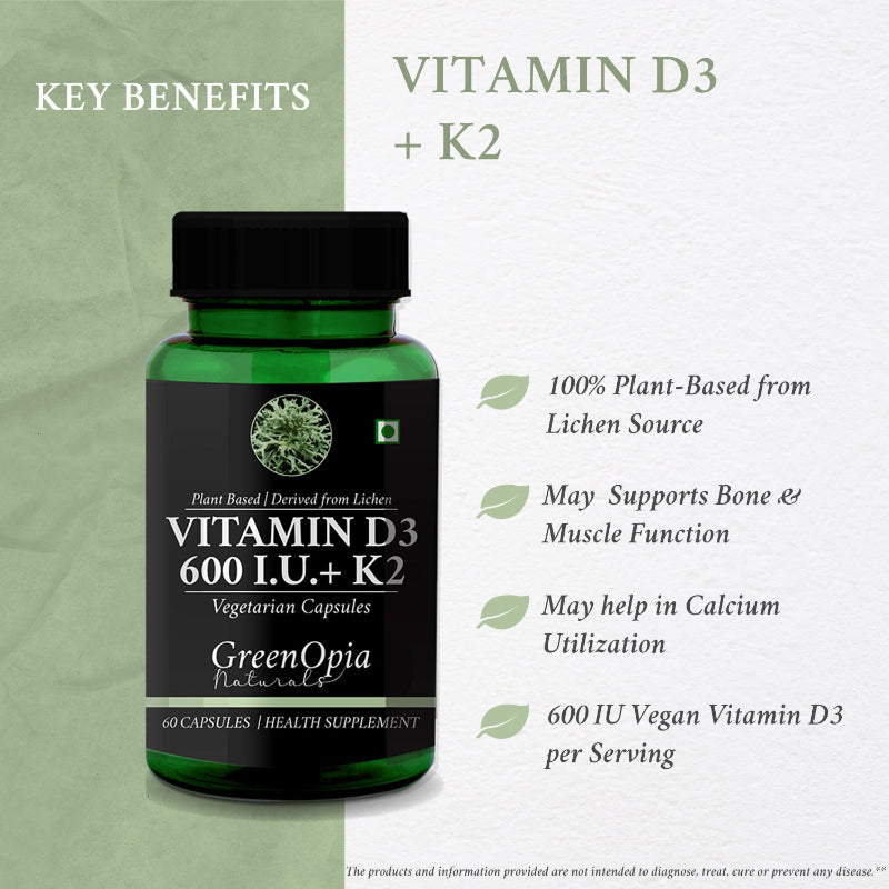 Benefits of plant-based Vitamin D3 and K2 including bone health, muscle function and calcium absorption