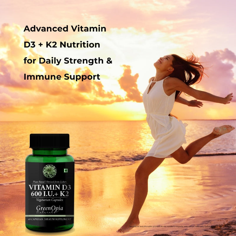 Vegan Vitamin D3 and K2 capsules for bone, muscle and calcium support