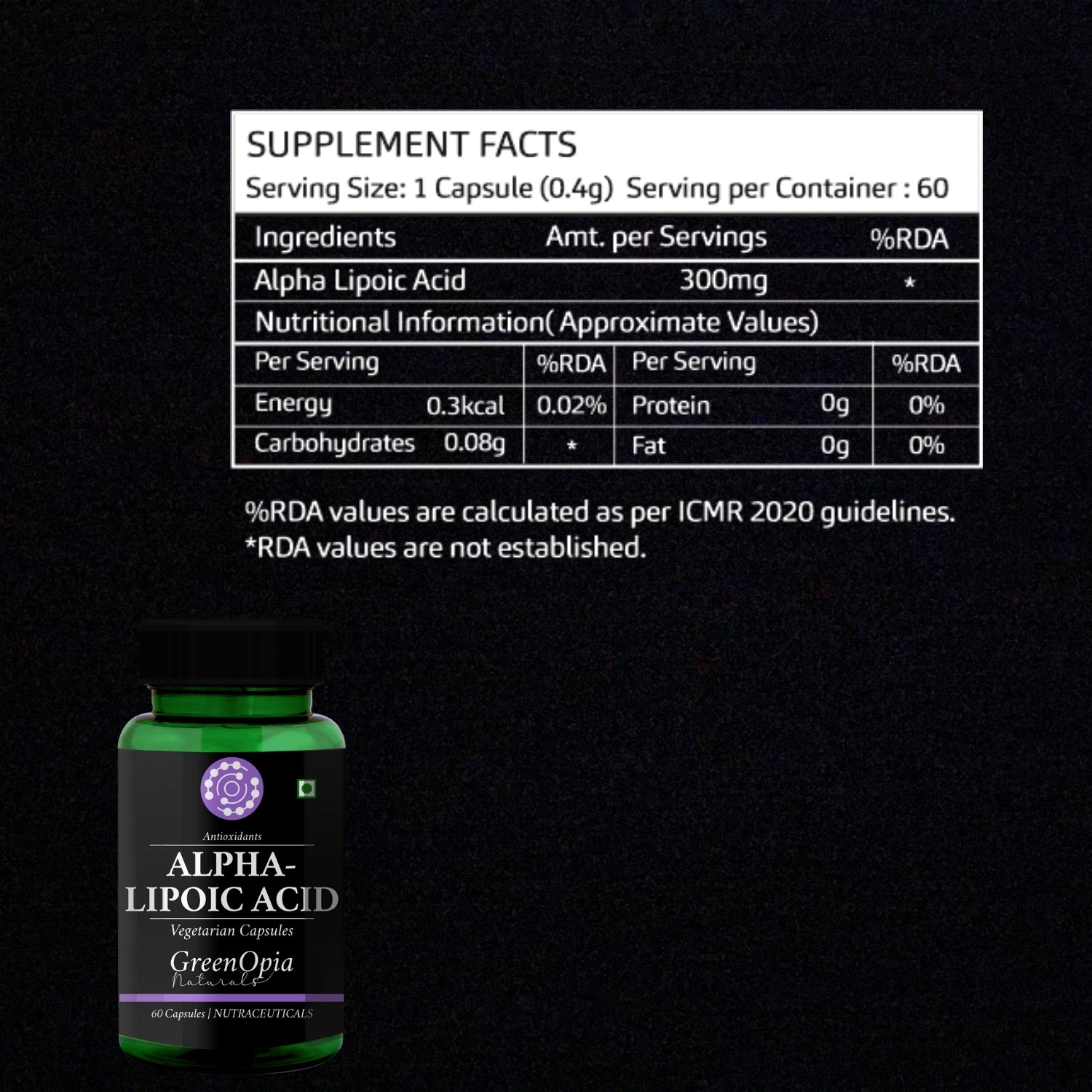 GreenOpia Alpha Lipoic Acid Vegetarian Capsules