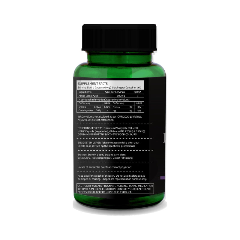 GreenOpia Alpha Lipoic Acid capsules showing usage and safety information