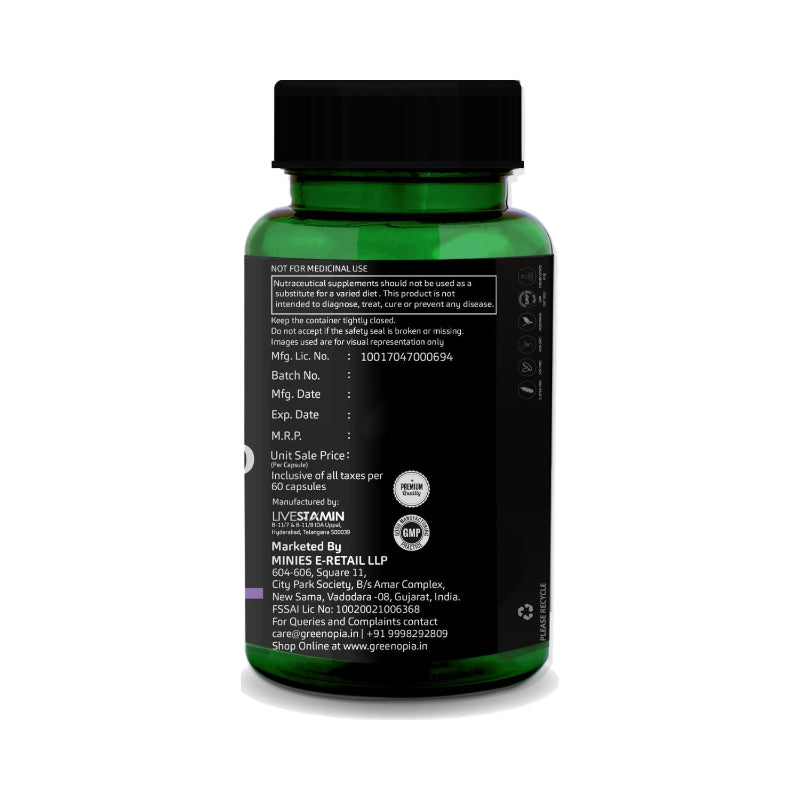 GreenOpia Alpha Lipoic Acid capsules showing usage and safety information