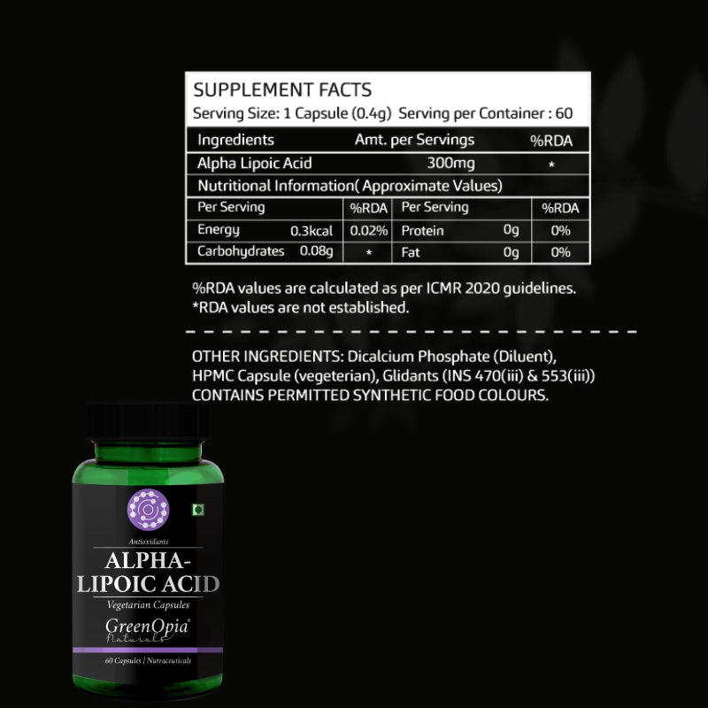 GreenOpia Alpha Lipoic Acid 300 mg capsule label showing antioxidant support supplement information