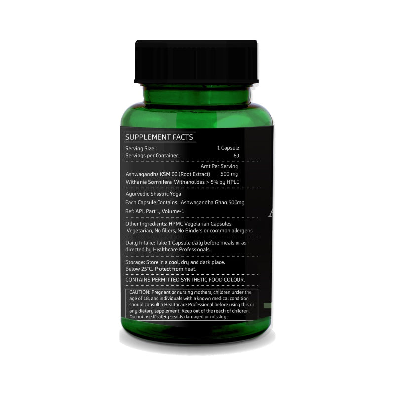 Supplement facts for GreenOpia Ashwagandha KSM-66 60 Vegetarian Capsules GreenOpia