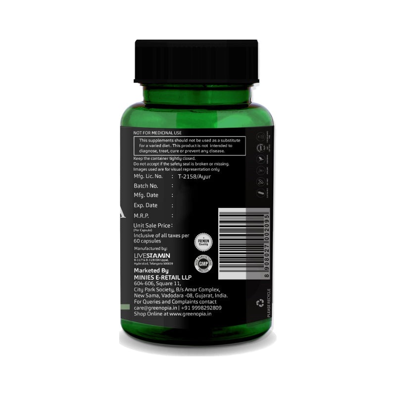 Manufacturing details for Supplement facts for GreenOpia Ashwagandha KSM-66 60 Vegetarian Capsules GreenOpia