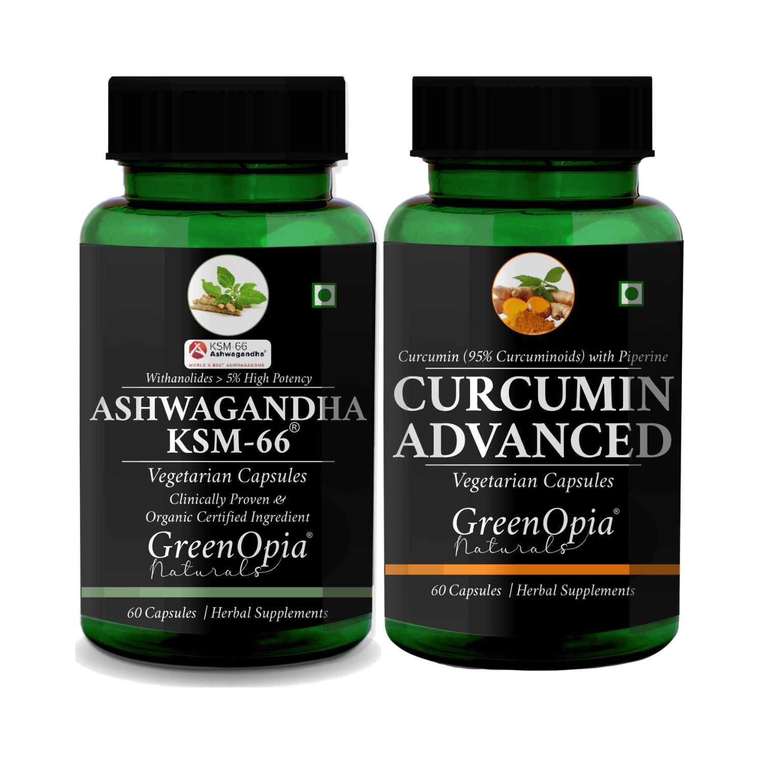 GreenOpia Ashwagandha KSM-66 and Advanced Curcumin with piperine vegetarian capsules combo
