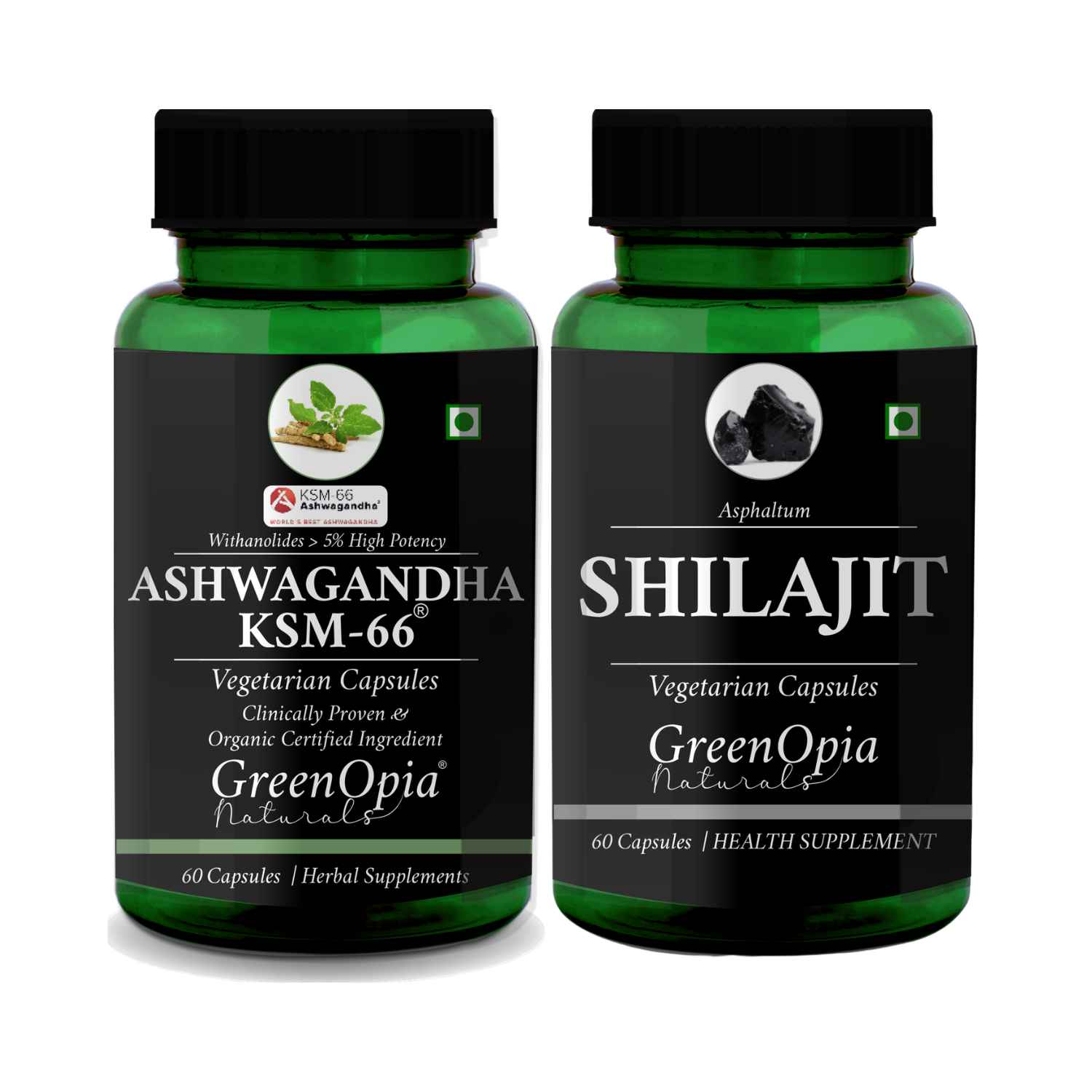 GreenOpia Ashwagandha KSM-66 and Shilajit vegetarian capsules combo with 60 capsules each