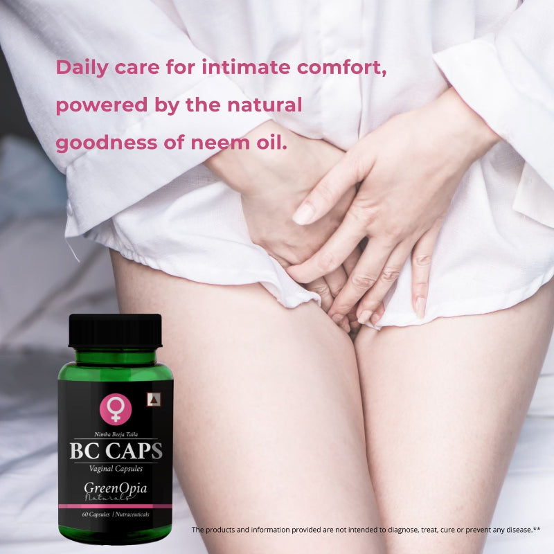 Front view of GreenOpia BC Caps neem oil vaginal capsules bottle