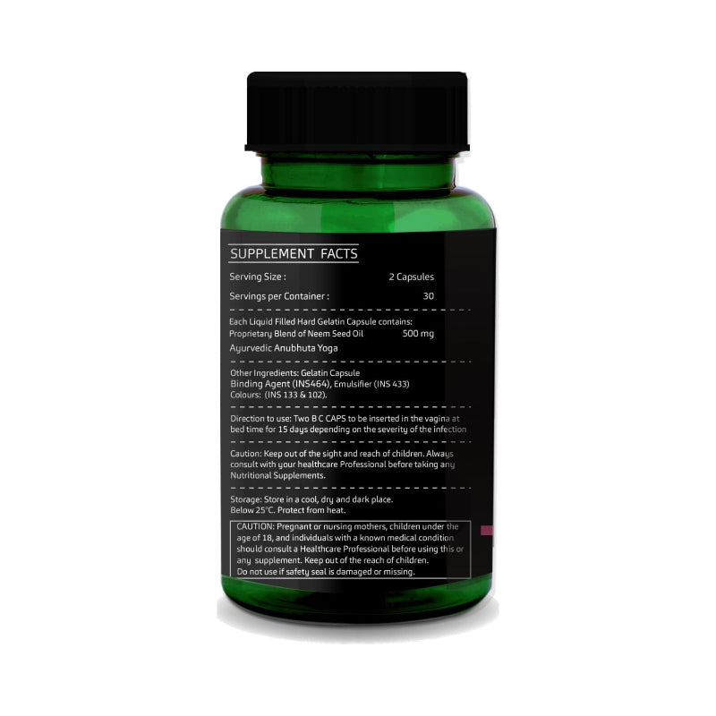 Back label of GreenOpia BC Caps showing ingredients and directions