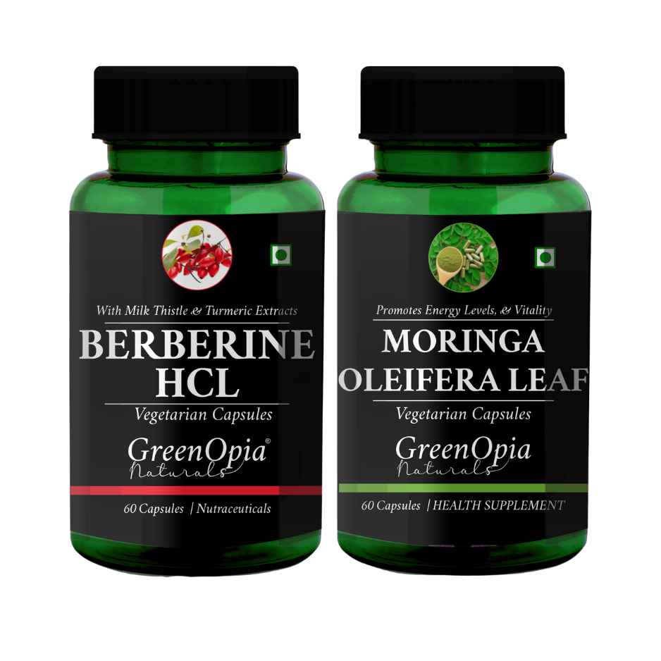 GreenOpia Berberine HCl and Moringa Oleifera Leaf vegetarian capsules combo, 60 capsules each