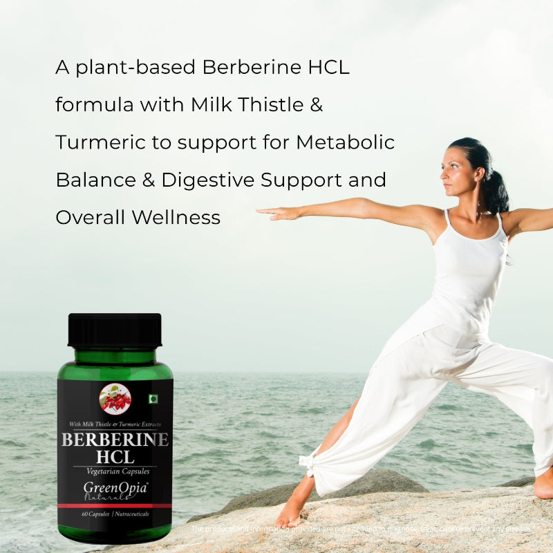 GreenOpia Berberine HCL 500mg supplement bottle with Milk Thistle and Turmeric extracts