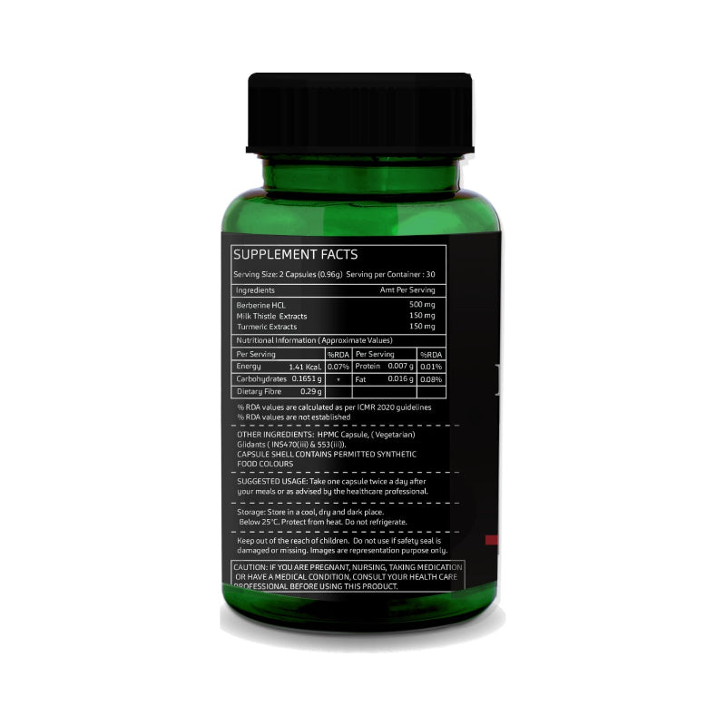 GreenOpia Berberine HCL 500mg supplement bottle with Milk Thistle and Turmeric extracts