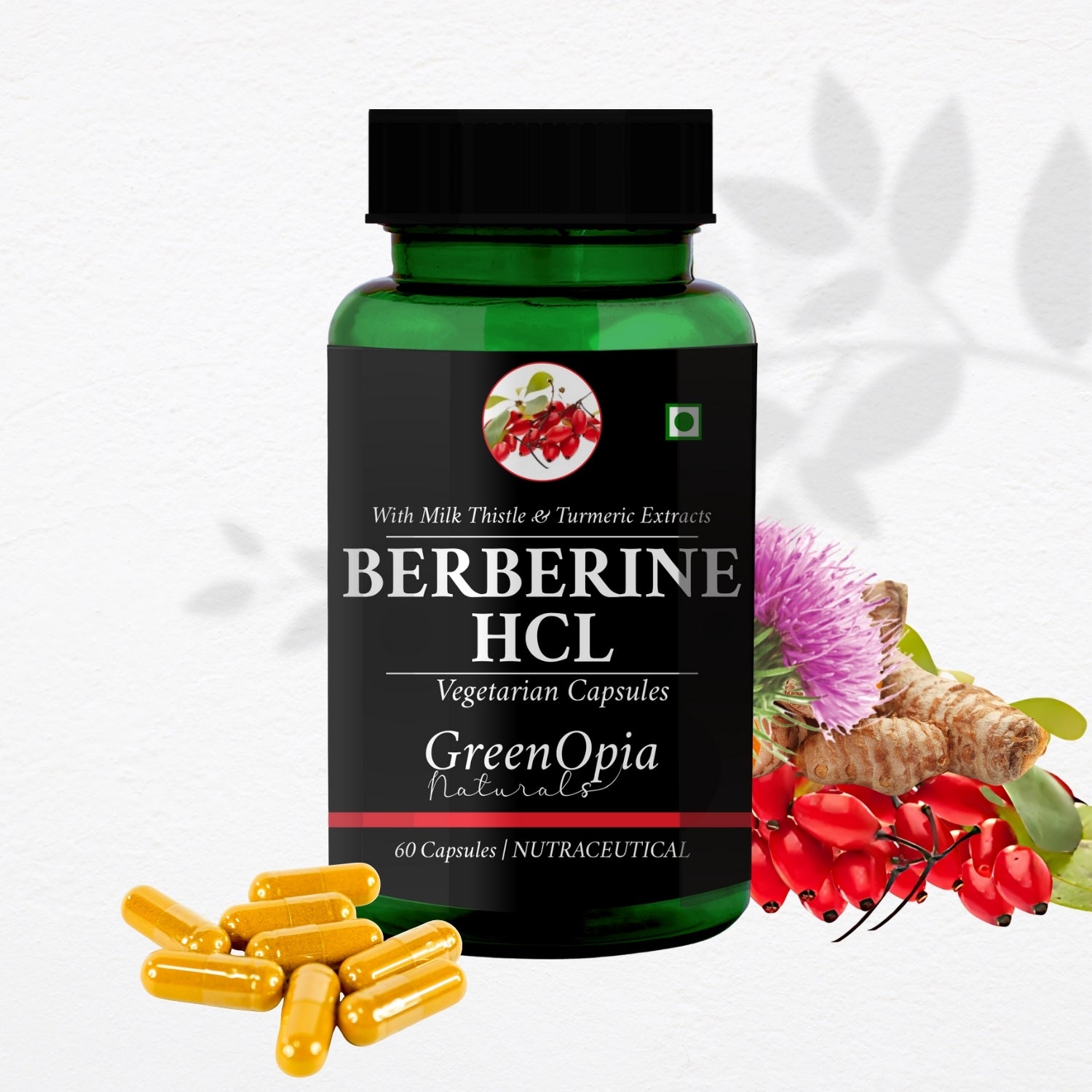 GreenOpia Berberine HCL | Berberine + Milk Thistle & Turmeric Extracts 60 Vegetarian Capsules