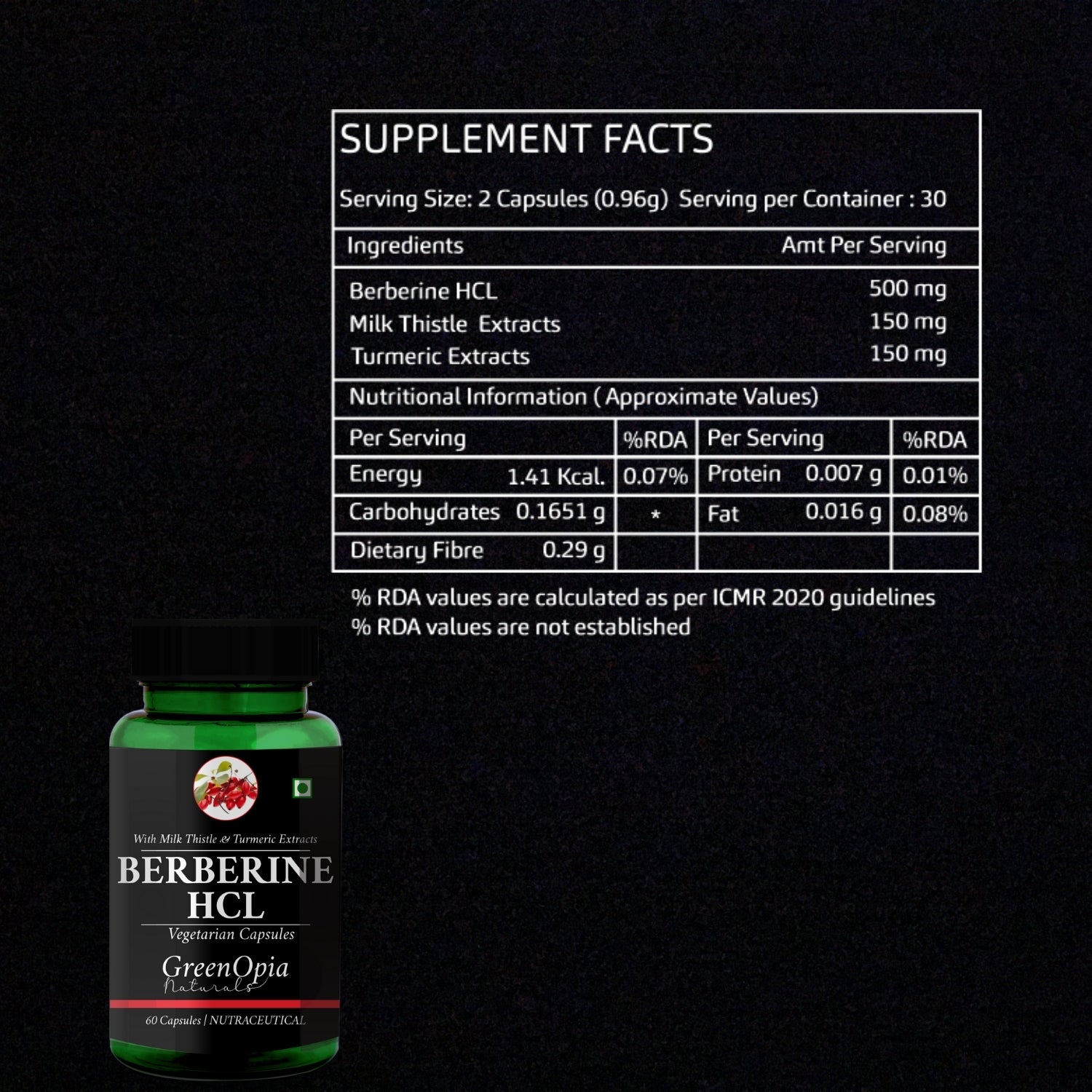GreenOpia Berberine HCL | Berberine + Milk Thistle & Turmeric Extracts 60 Vegetarian Capsules