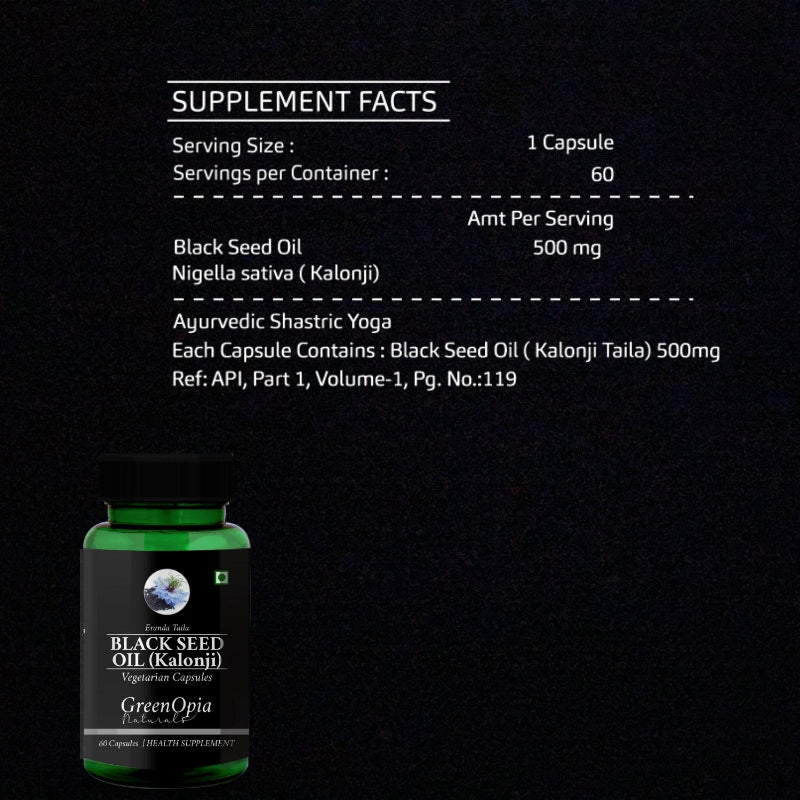 Supplement facts and ingredient information for GreenOpia Black Seed Oil Capsules