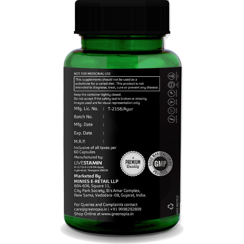Back label of GreenOpia Brahmi Extracts capsules showing ingredients and usage instructions