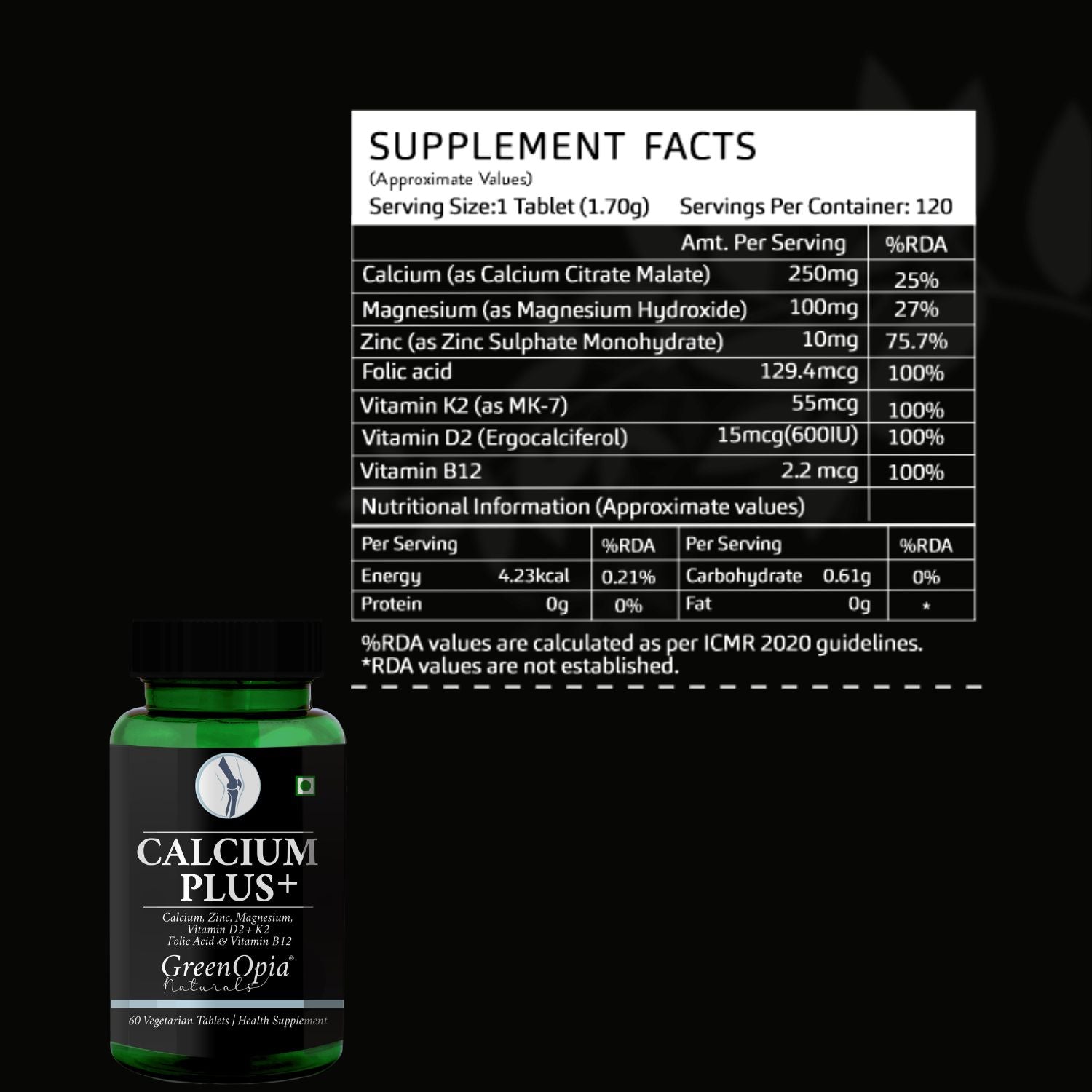 Calcium Plus+ with Magnesium, Zinc, Vitamin D2 and K2