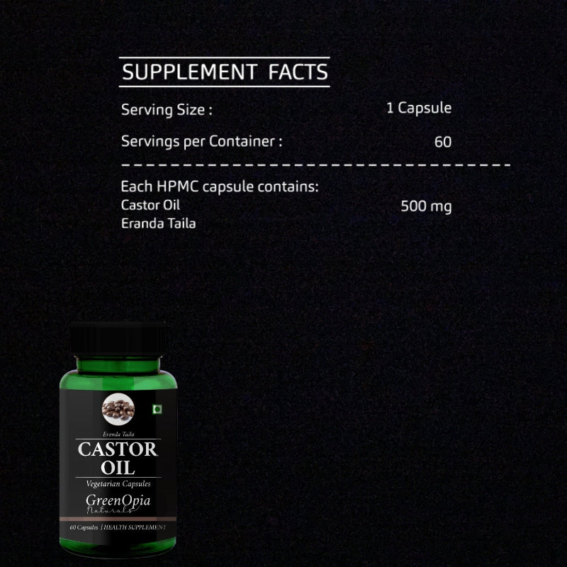 GreenOpia castor oil supplement bottle with capsules displayed beside it
