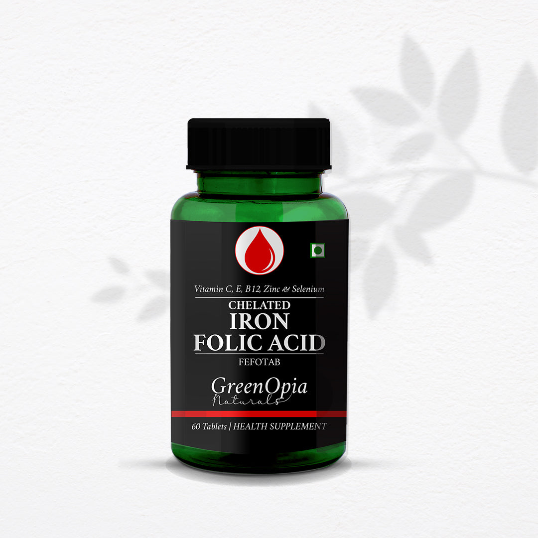 Greenopia Chelated Iron and Folic Acid supplement bottle for energy and immunity support
