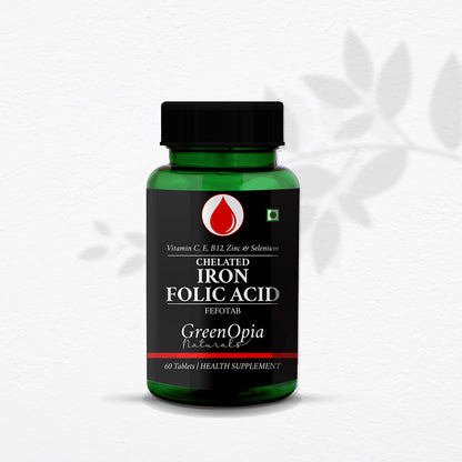 Greenopia Chelated Iron and Folic Acid supplement bottle for energy and immunity support