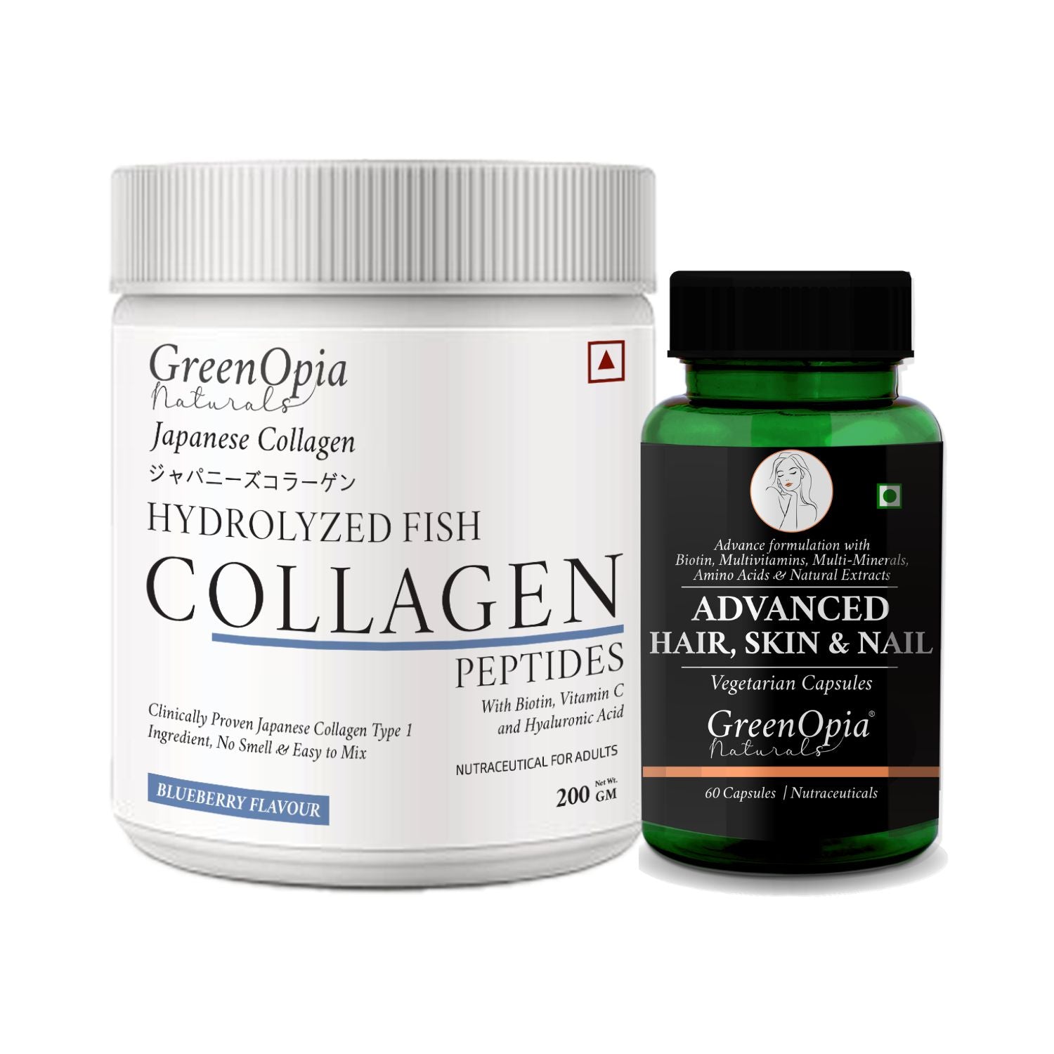 GreenOpia hydrolysed fish collagen peptides powder and advanced hair, skin and nail capsules combo