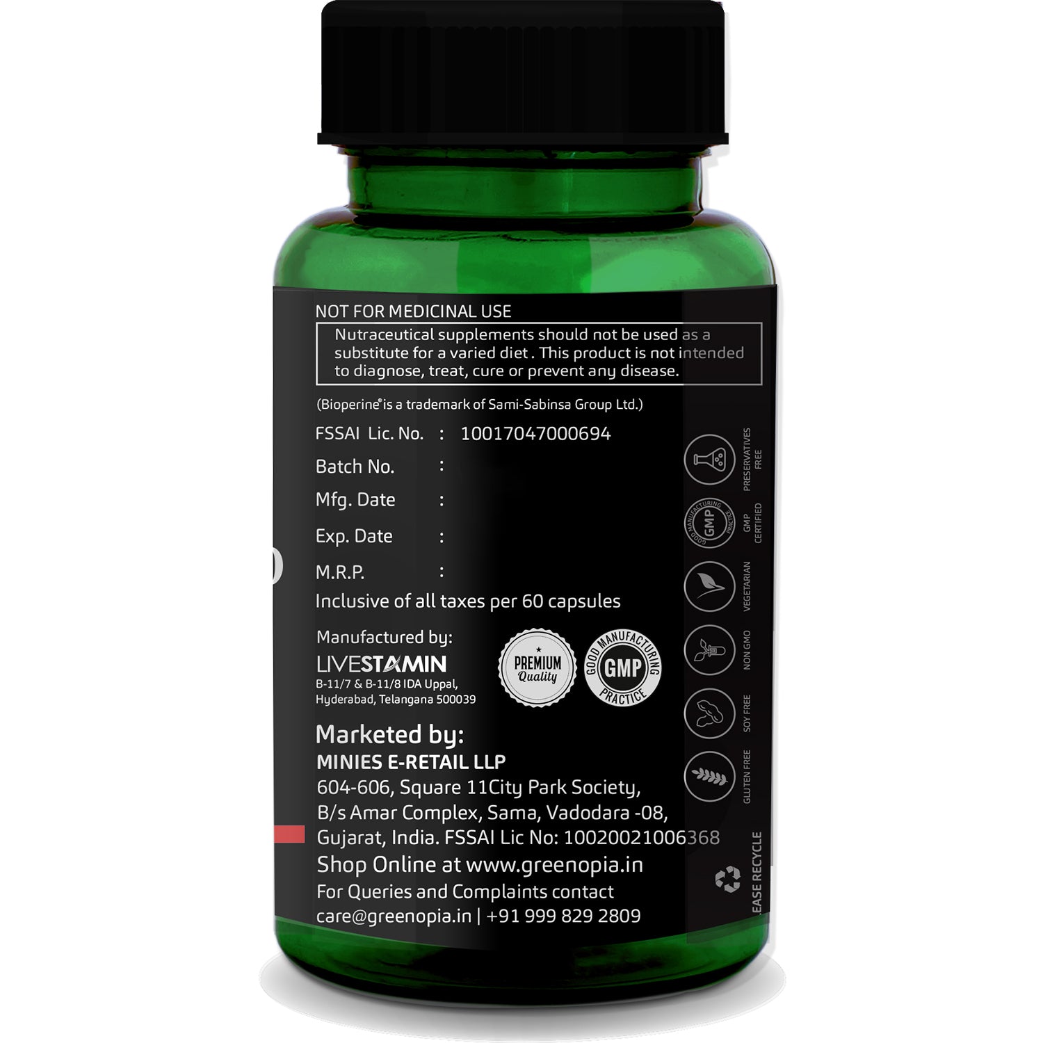 GreenOpia Coenzyme Q10 Supplement (CoQ10) with Bioperine 60 Vegetarian Capsules