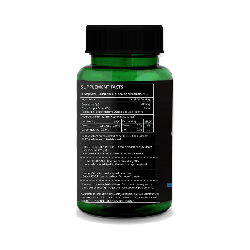Coenzyme Q10 supplement label showing BioPerine-enhanced absorption formula