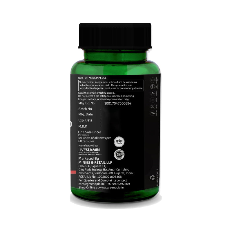 GreenOpia Coenzyme Q10 supplement packaging with 60 vegetarian capsules
