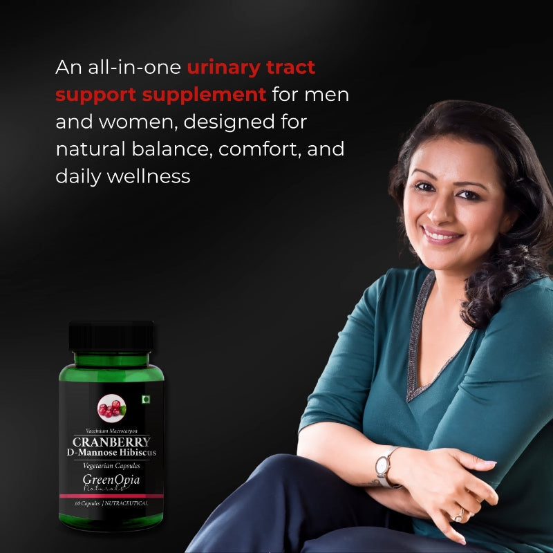 GreenOpia Cranberry D-Mannose & Hibiscus supplement bottle for urinary tract and bladder wellness